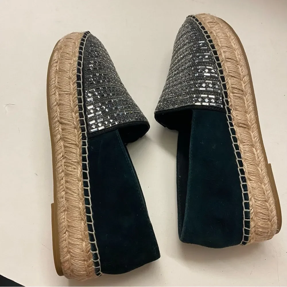 STEVE MADDEN Proud Black Silver Embellished Leather Platform Espadrilles shoe 10
